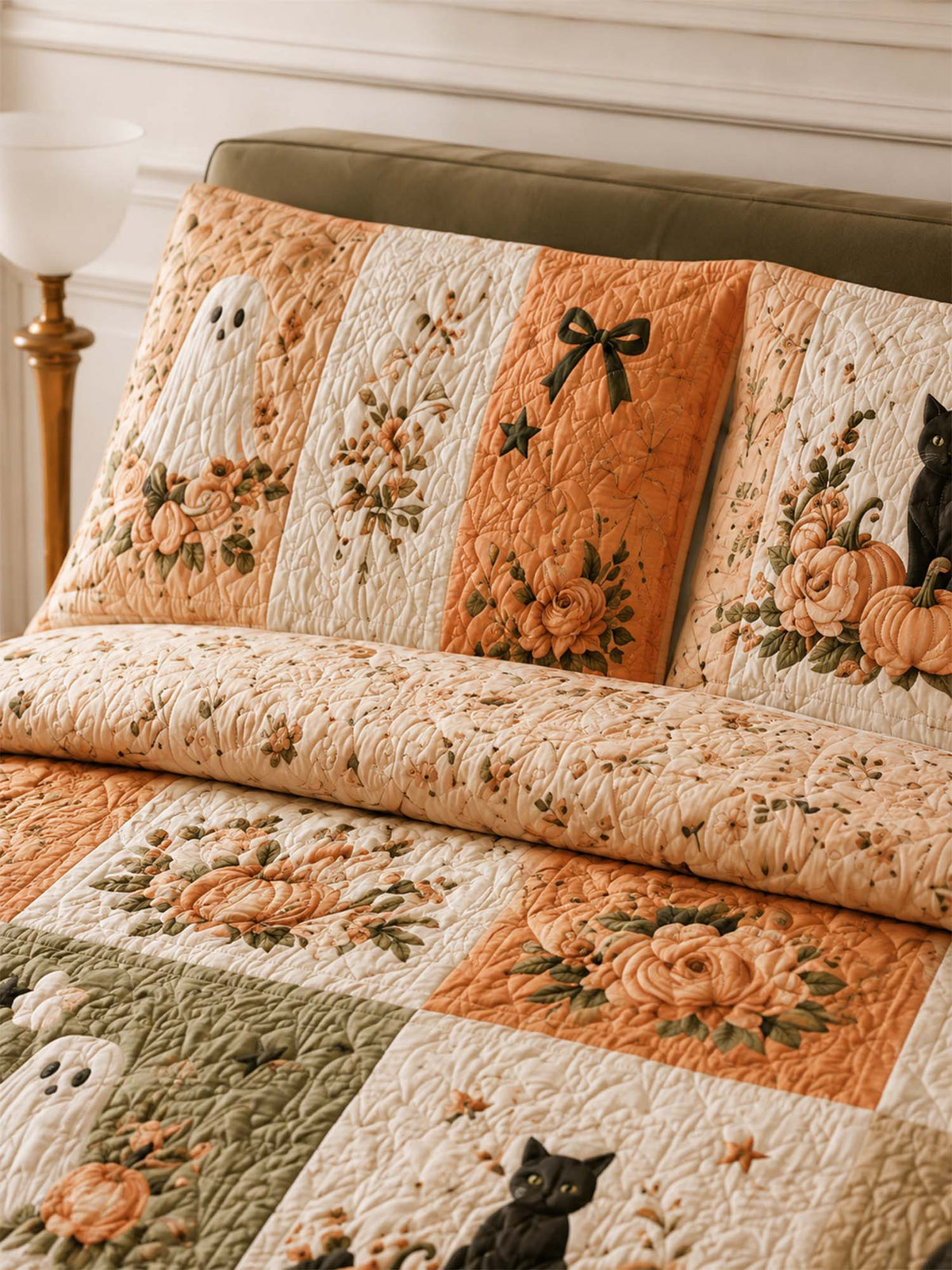 H.PAI Pumpkin Cat Ghost Garden Quilted 3-Piece Bedding Set
