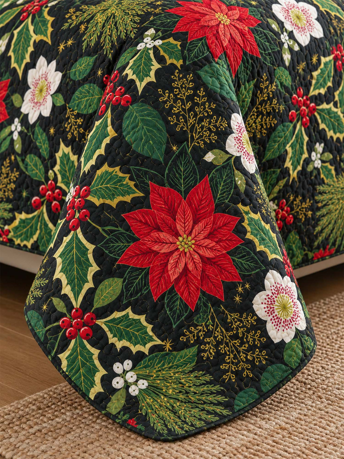 Poinsettia Holly Christmas Quilted 3-Piece Bedding Set