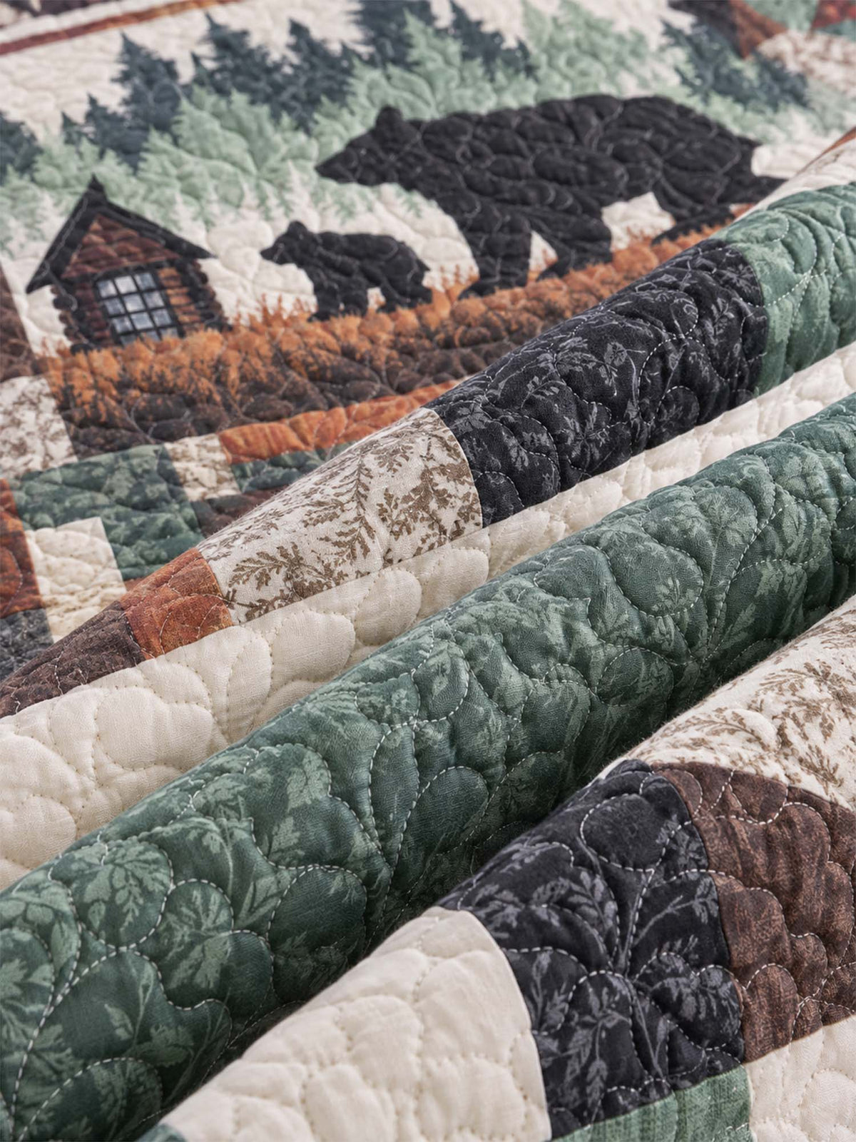 Woodland Bear Family Cabin Patchwork-Style Quilted Blanket