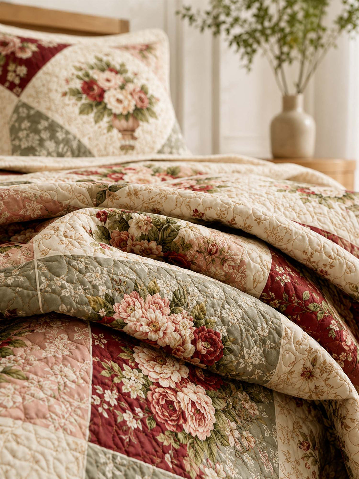 H.PAI Vintage Rose Garden Quilted 3-Piece Bedding Set