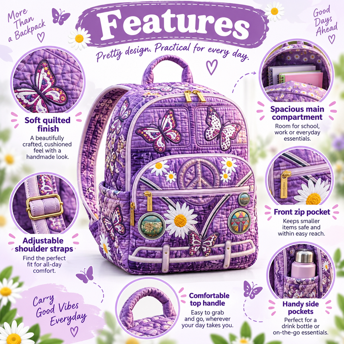 Quilted Boho Rucksack – Butterflies and Peace