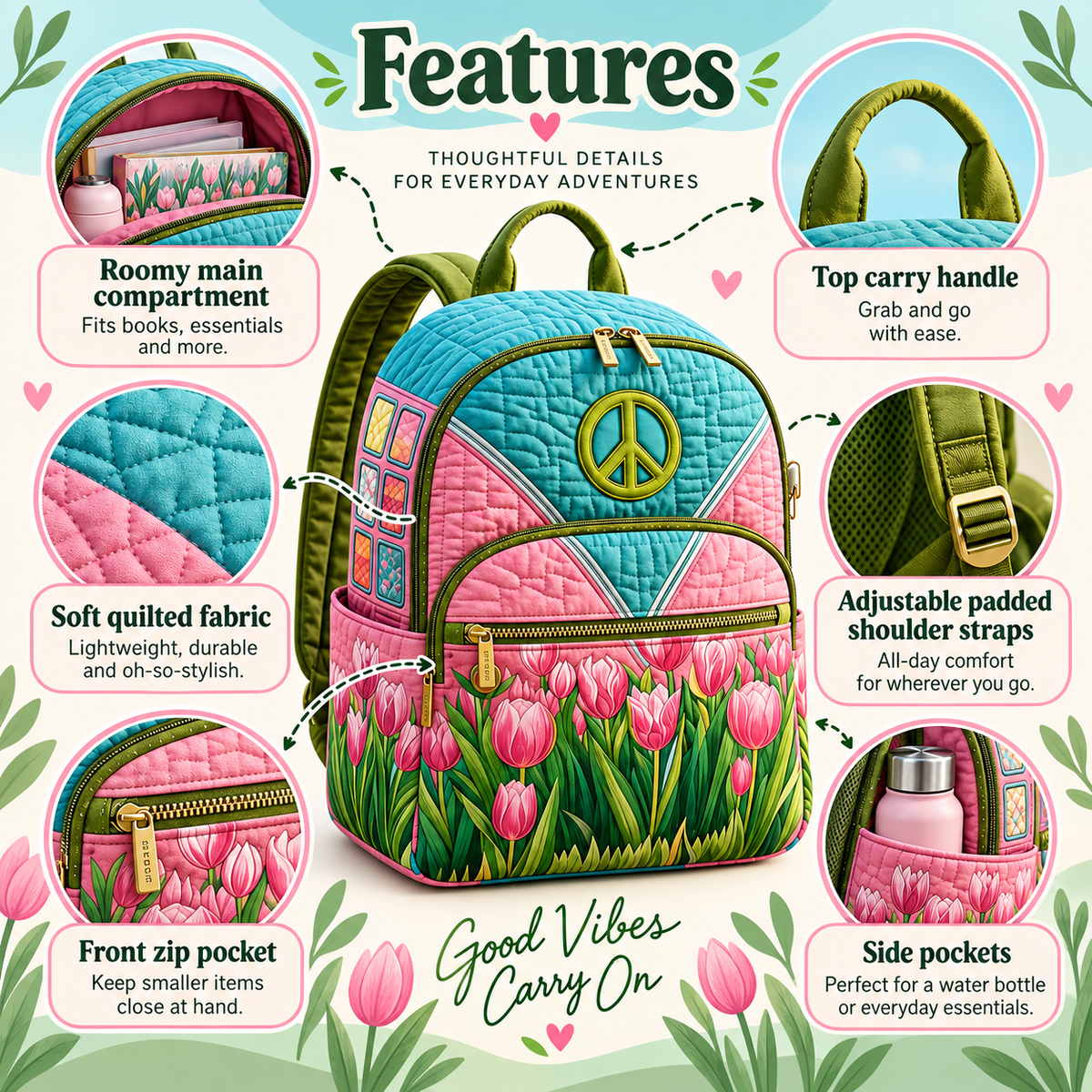 Quilted Boho Rucksack – Tulips and Tranquility