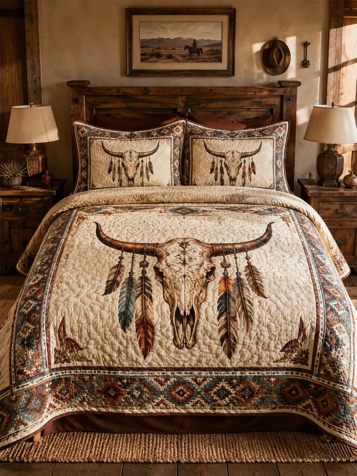 H.PAI Longhorn Skull Western Quilted 3-Piece Bedding Set