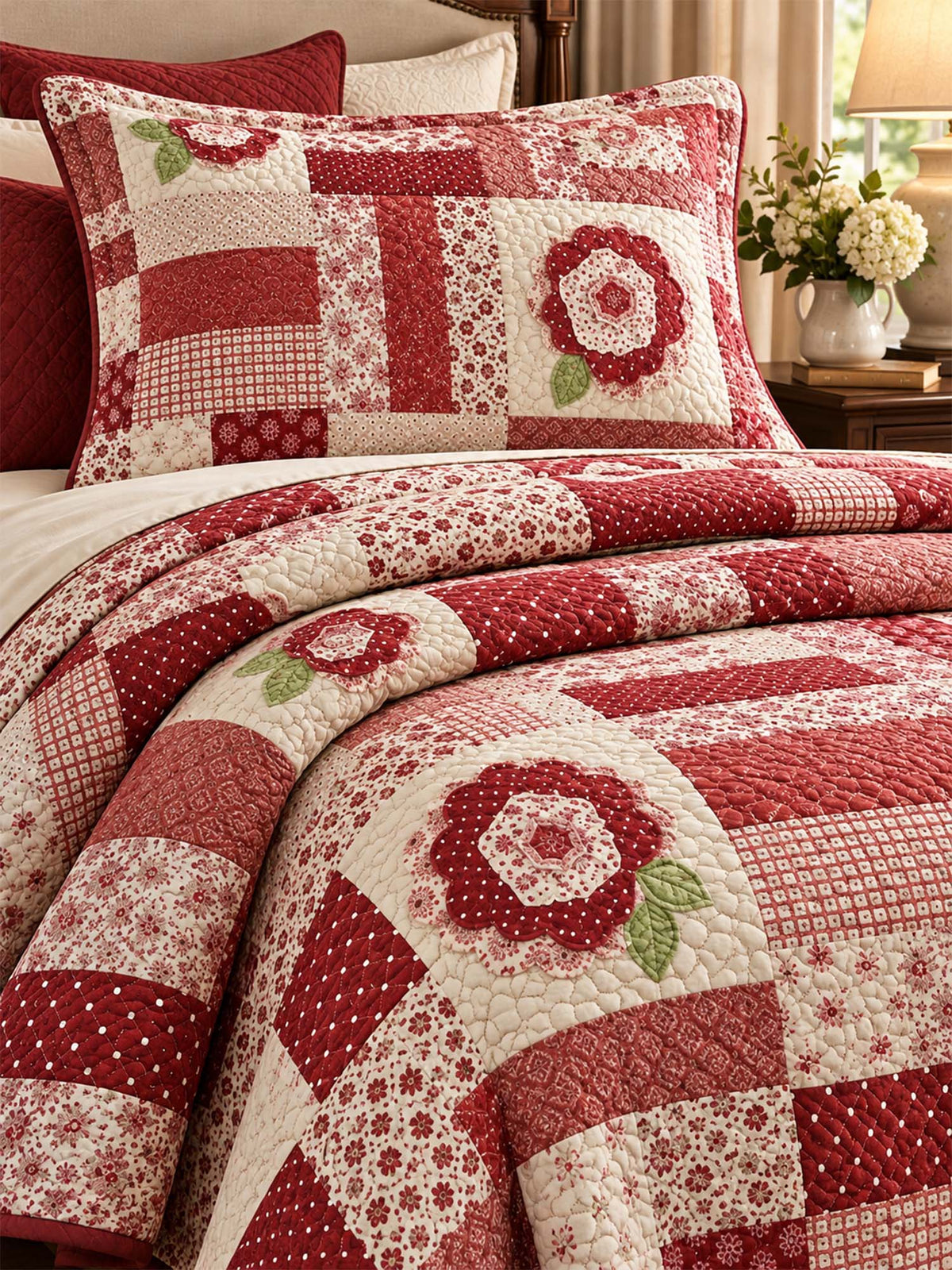 Red Rose Country Patchwork Quilted 3-Piece Bedding Set