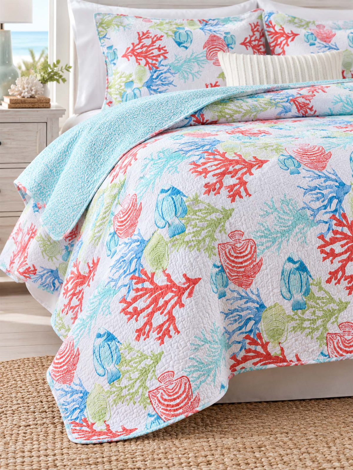 Coastal Coral & Seashell Reversible 100% Cotton Quilted 3-Piece Bedding Set