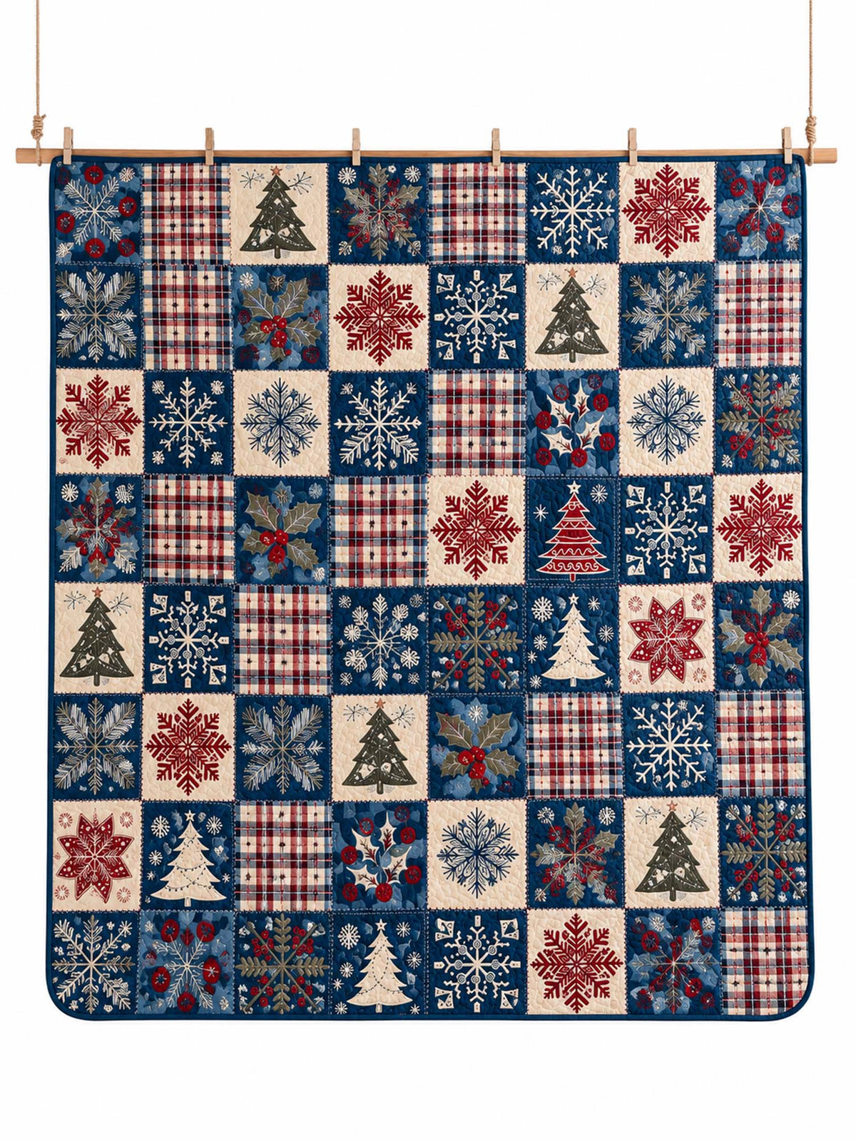 Navy Snowflake Pine Tree Plaid Patchwork Quilted 3-Piece Bedding Set