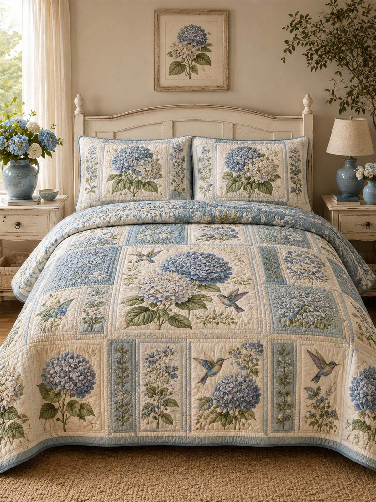 Blue Hydrangea Quilted 3-Piece Bedding Set