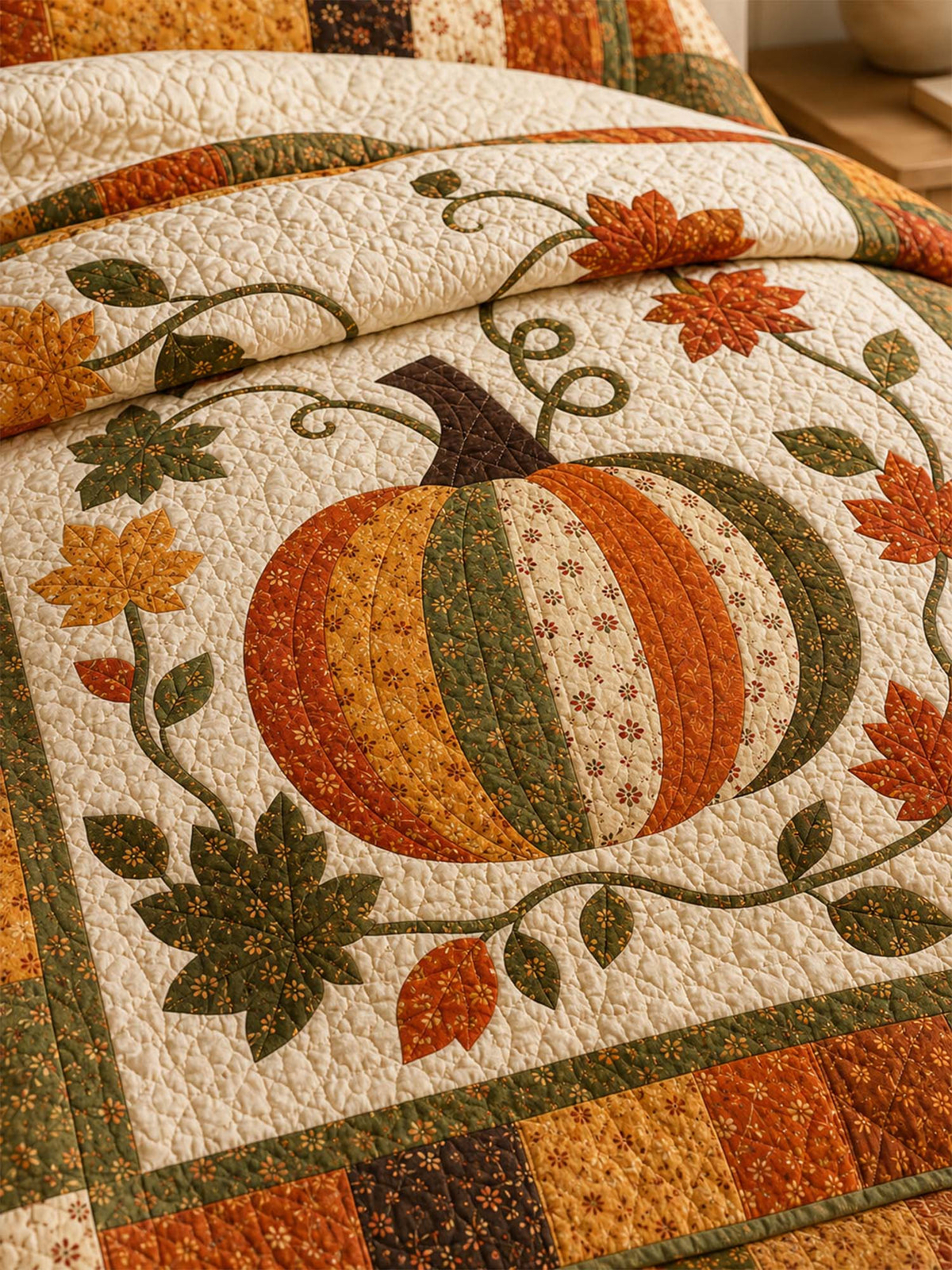 H.PAI Patchwork Pumpkin Autumn Harvest Quilted 3-Piece Bedding Set