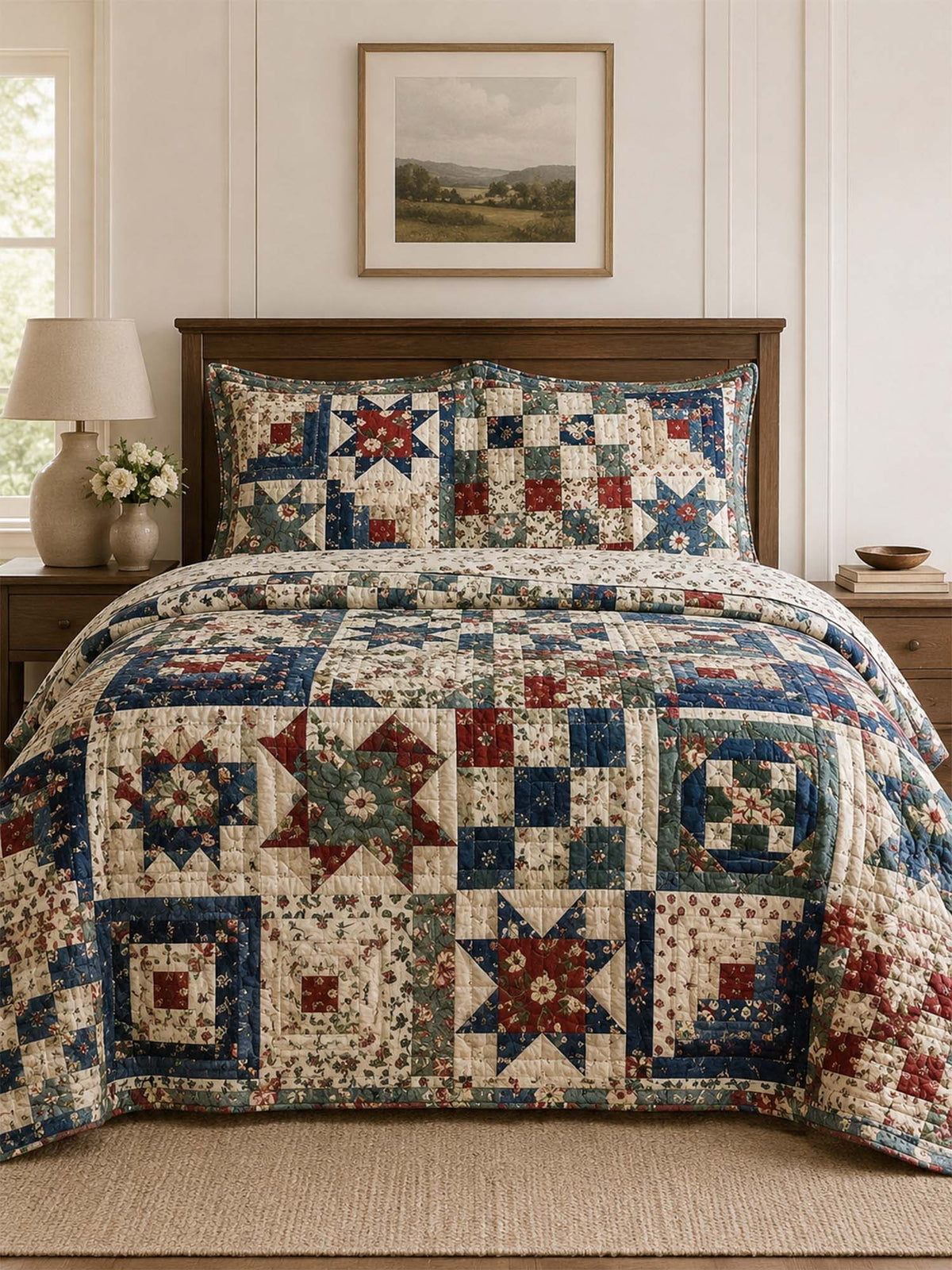 H.PAI Vintage Patchwork Quilted 3-Piece Bedding Set