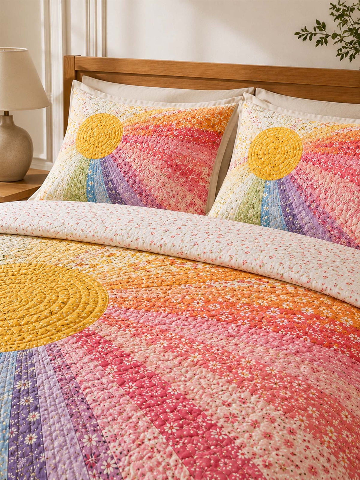 H.PAI Rainbow Sunburst Quilted 3-Piece Bedding Set