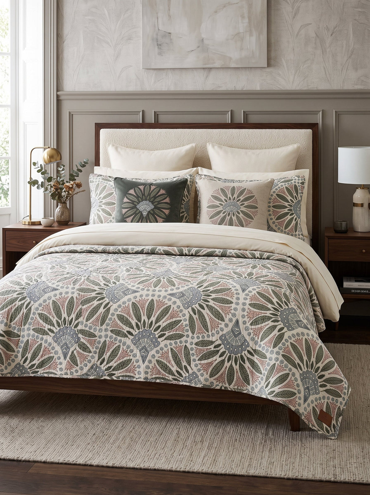 Sage Blue Botanical Medallion Quilted 3-Piece Bedding Set