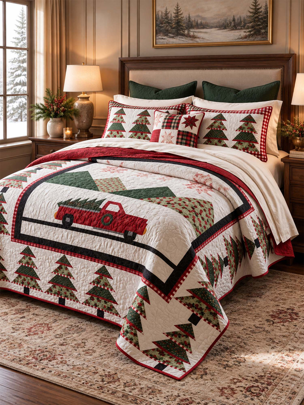 Christmas Tree Farm Truck Quilted 3-Piece Bedding Set