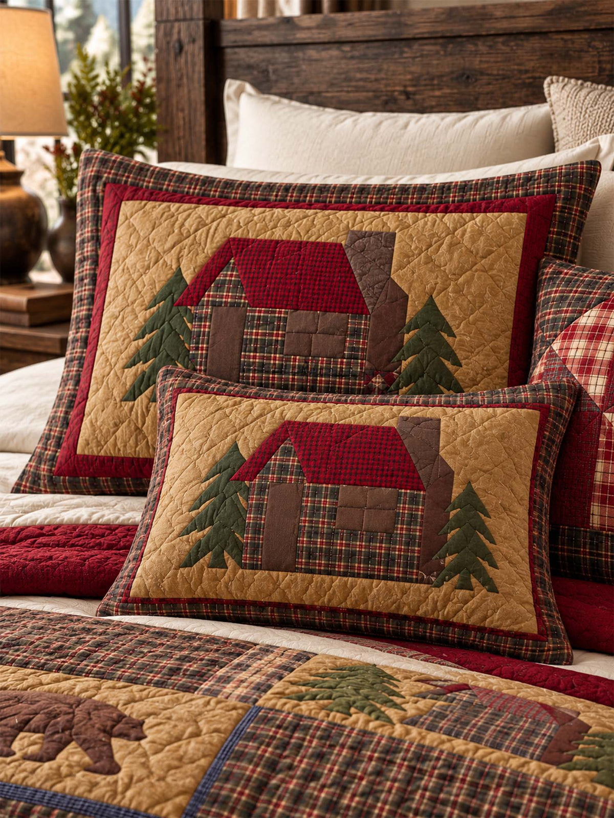 Rustic Bear Cabin Plaid Quilted 3-Piece Bedding Set