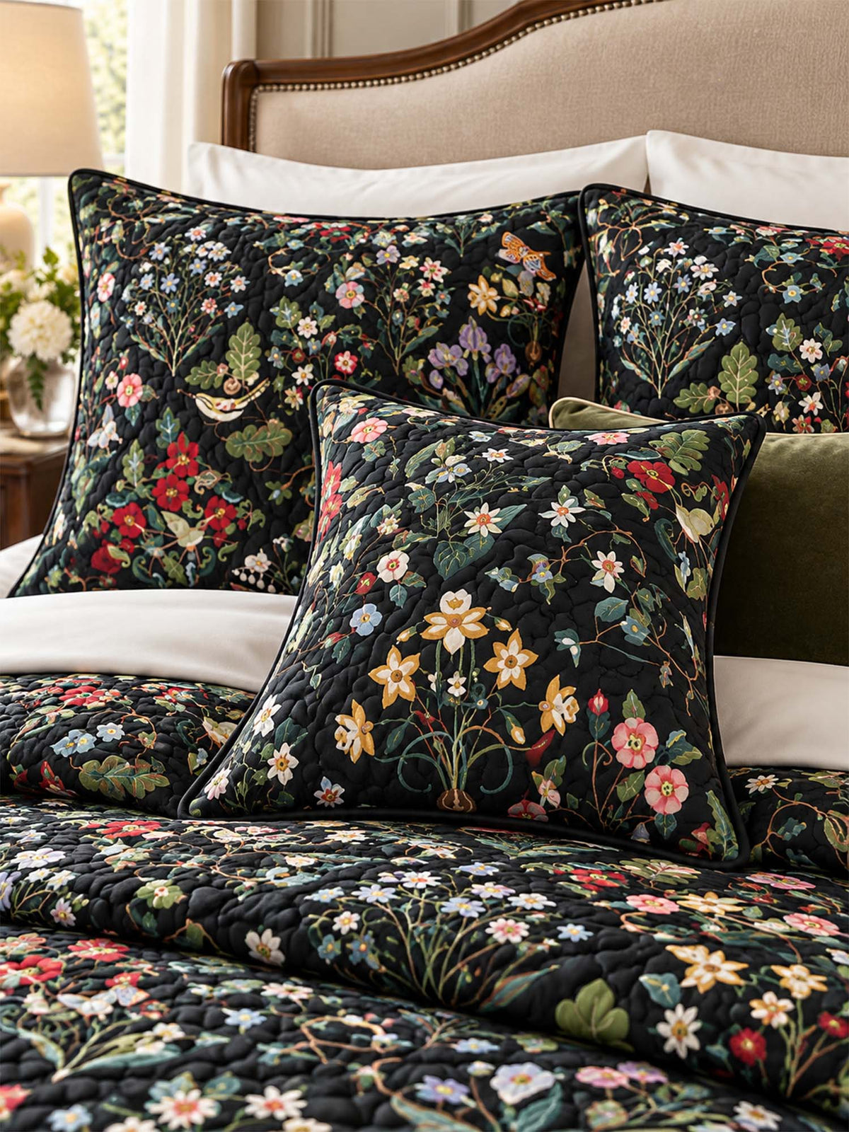 Midnight Butterfly Wildflower Garden Quilted 3-Piece Bedding Set