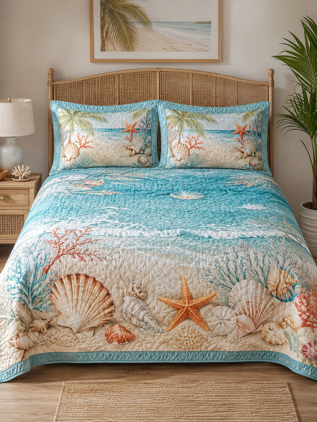 Coastal Shell Ocean Quilted 3-Piece Bedding Set