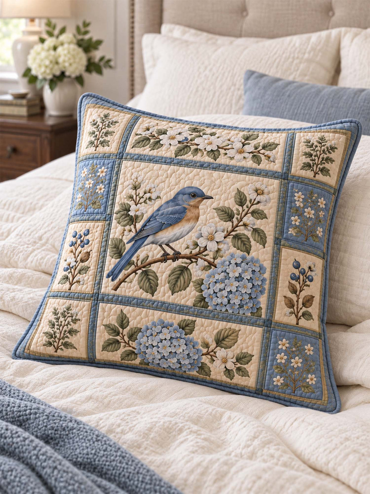 Bluebird Hydrangea Garden Quilted Pillow Cover
