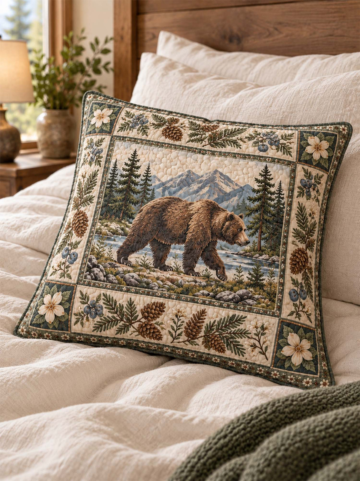 Woodland Bear Forest Quilted Pillow Cover