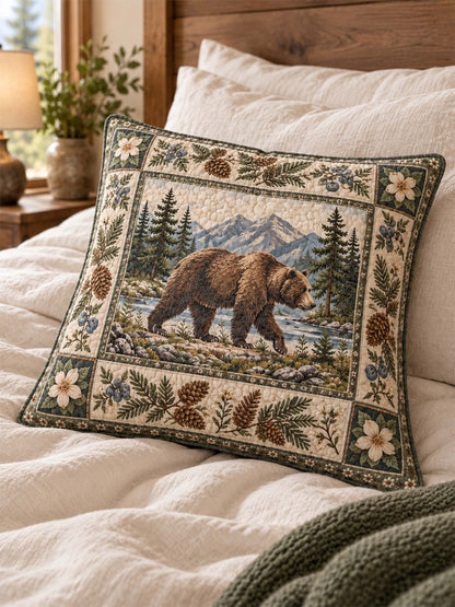 Woodland Bear Forest Quilted Pillow Cover