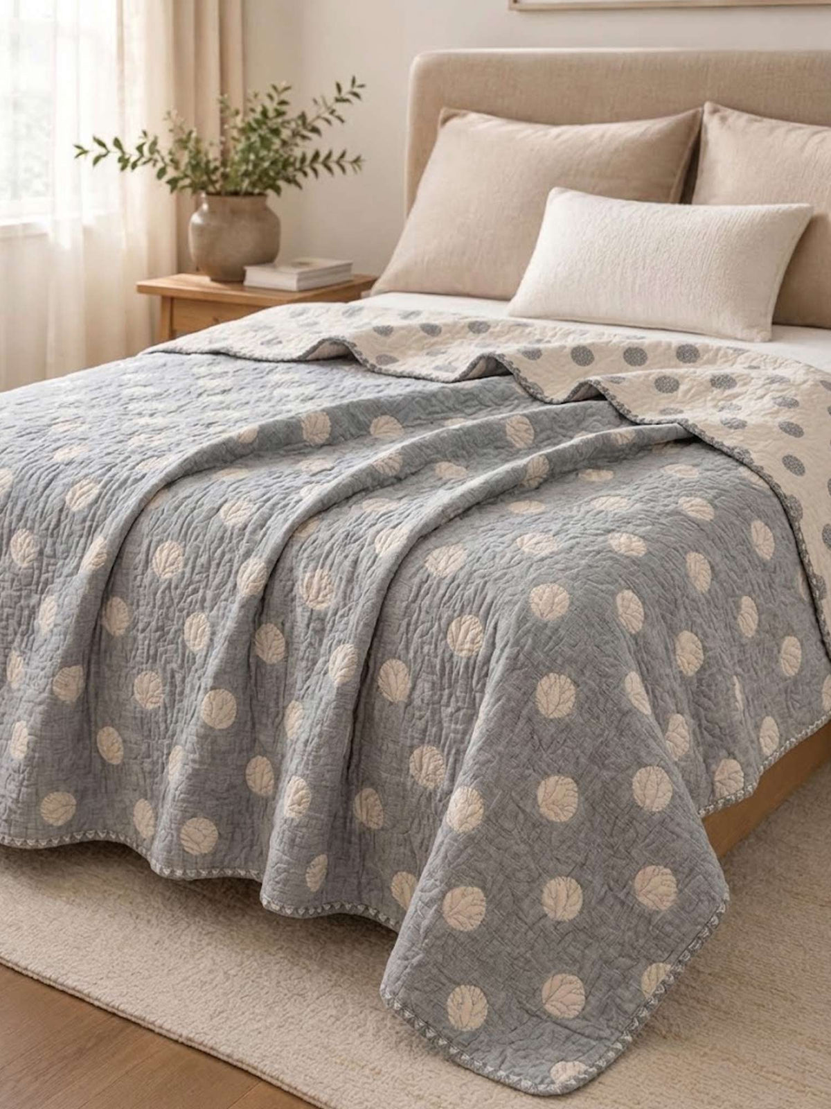 Vintage Gray Leaf Dot Jacquard Quilted Throw Three‑Layer Gauze Cotton Blanket