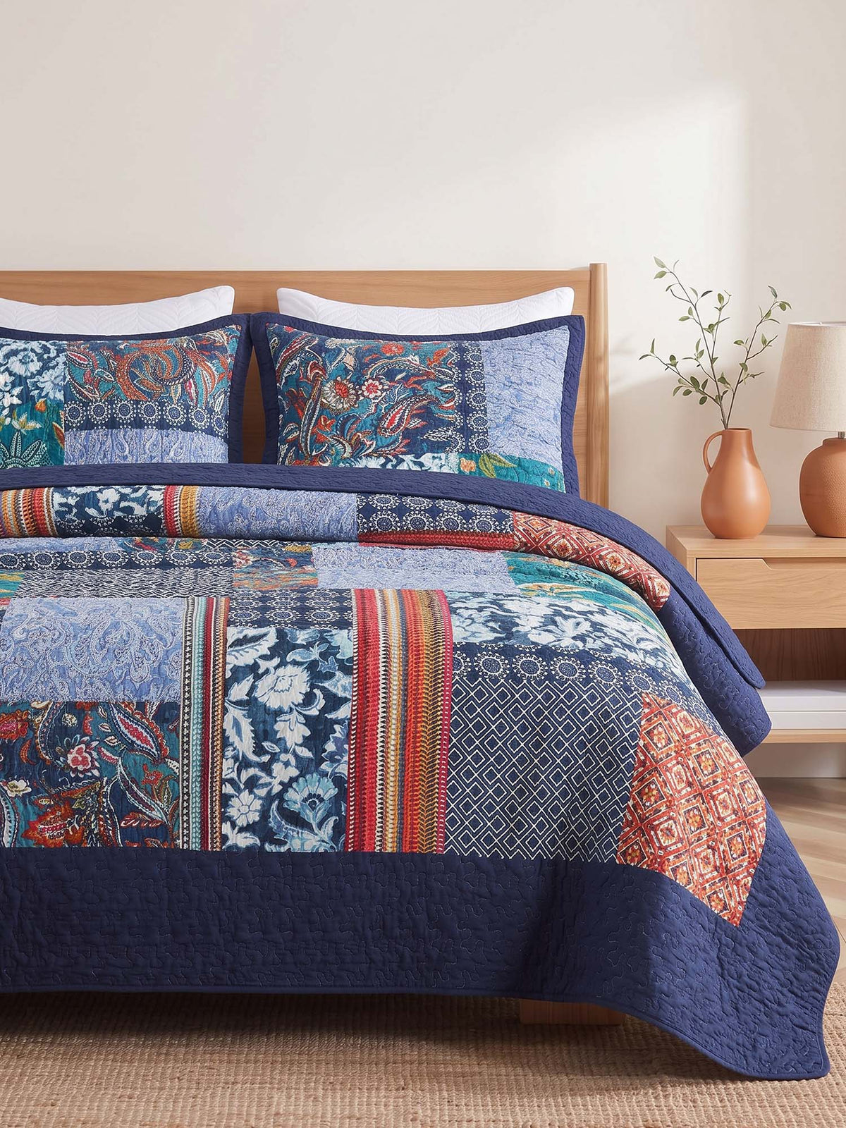 Indigo Paisley Patchwork Quilted 3-Piece Bedding Set