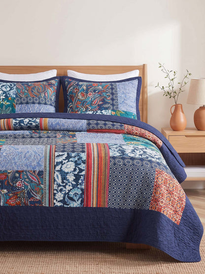 Indigo Paisley Patchwork Quilted 3-Piece Bedding Set