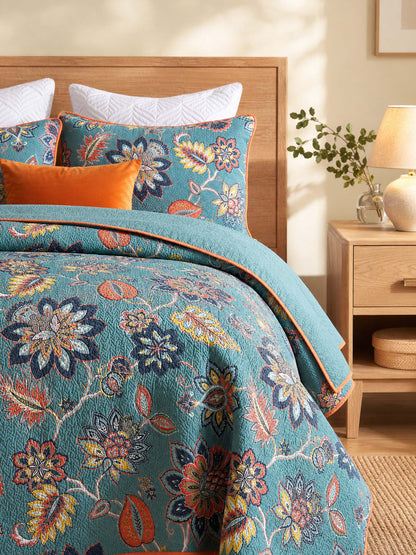 Teal Autumn Bloom Quilted 3-Piece Bedding Set