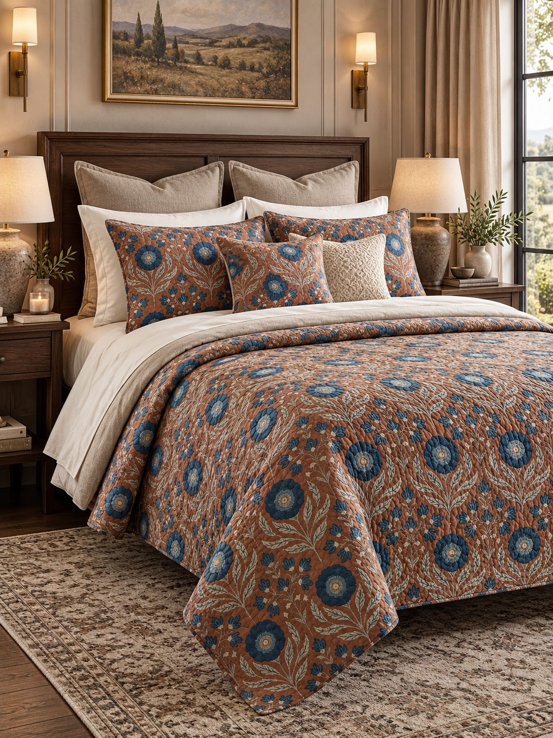 Rustic Blue Wildflower Quilted 3-Piece Bedding Set