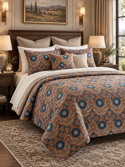 Rustic Blue Wildflower Quilted 3-Piece Bedding Set