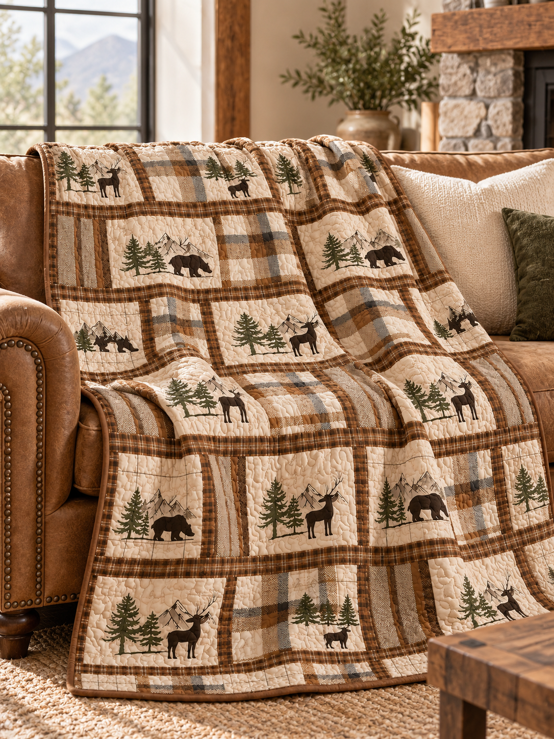 Moose and Deer Forest Plaid Quilted 3-Piece Bedding Set