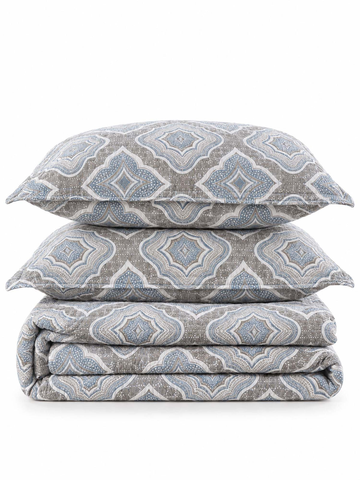 Dusty Blue Mosaic Medallion 100% Cotton Quilted Bedding Set