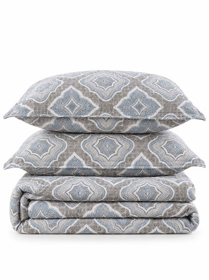 Dusty Blue Mosaic Medallion 100% Cotton Quilted Bedding Set