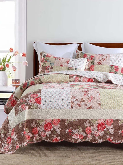 Rose Garden Patchwork Quilted 3-Piece Bedding Set