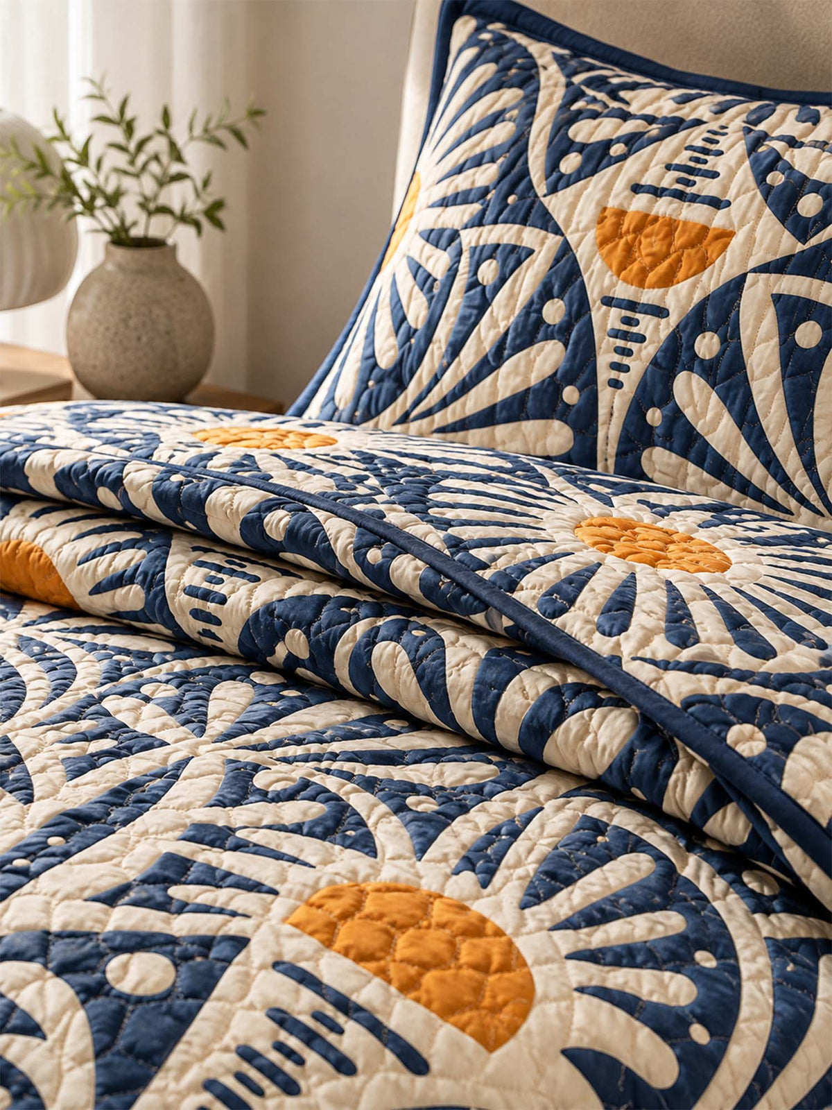 H.PAI Navy Sunburst Botanical Quilted 3-Piece Bedding Set