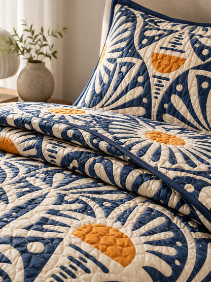 H.PAI Navy Sunburst Botanical Quilted 3-Piece Bedding Set