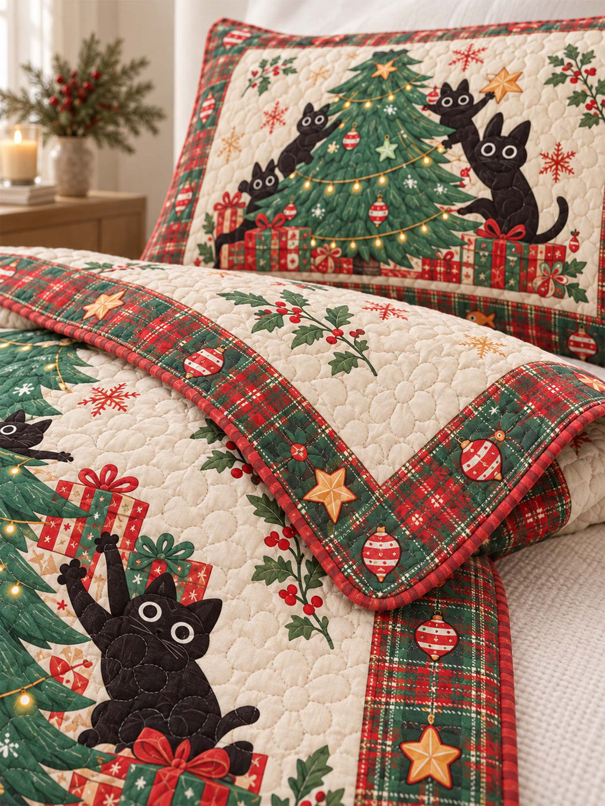 Playful Black Cats Christmas Tree Quilted 3-Piece Bedding Set