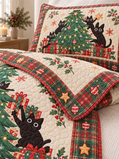 Playful Black Cats Christmas Tree Quilted 3-Piece Bedding Set