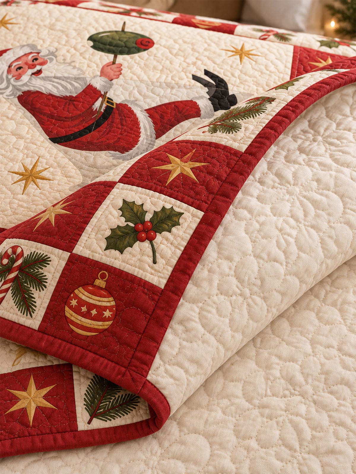 Jolly Santa Martini Christmas Quilted 3-Piece Bedding Set