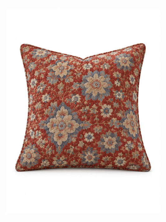 Rust Red Vintage Floral Quilted Pillow Cover