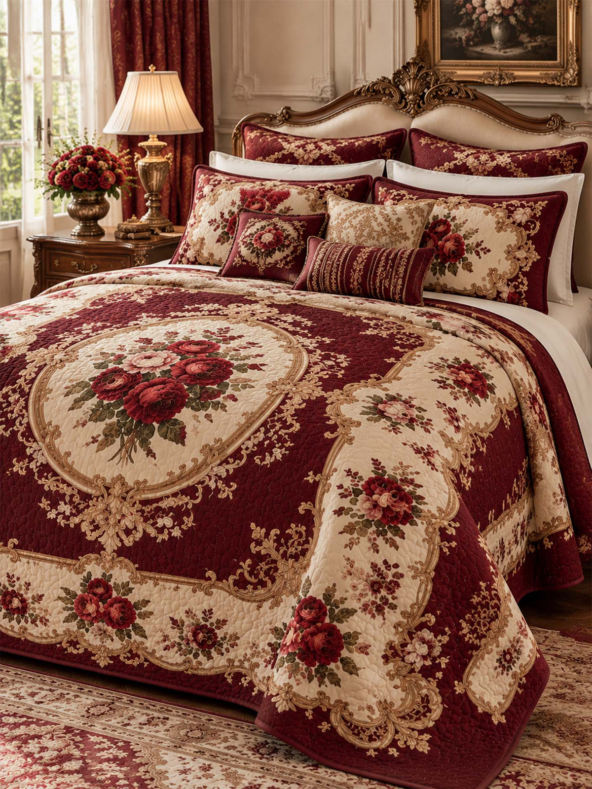 Vintage Burgundy Rose Baroque Quilted 3-Piece Bedding Set