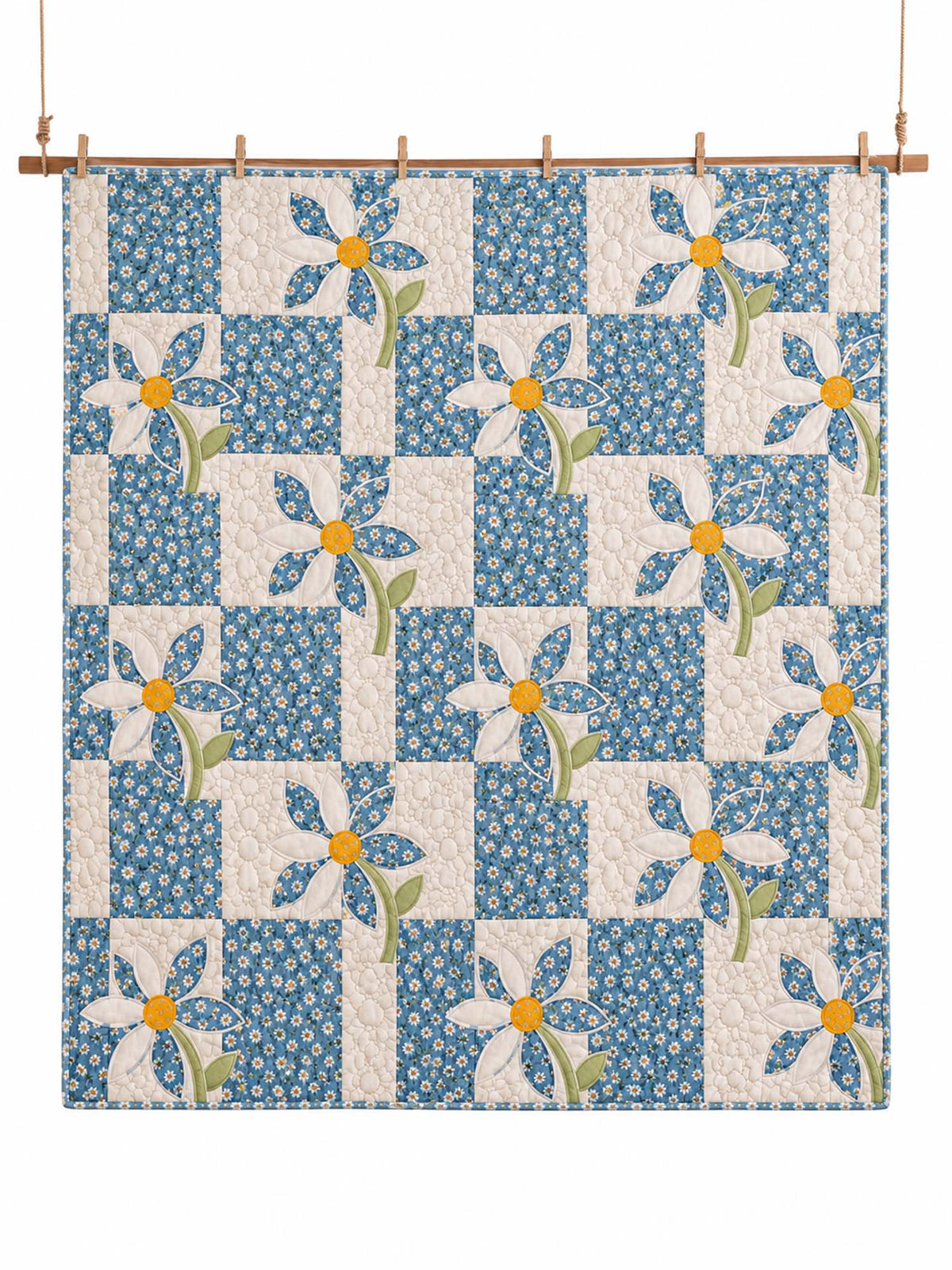 Blue Daisy Cottage Patchwork Quilted 3-Piece Bedding Set