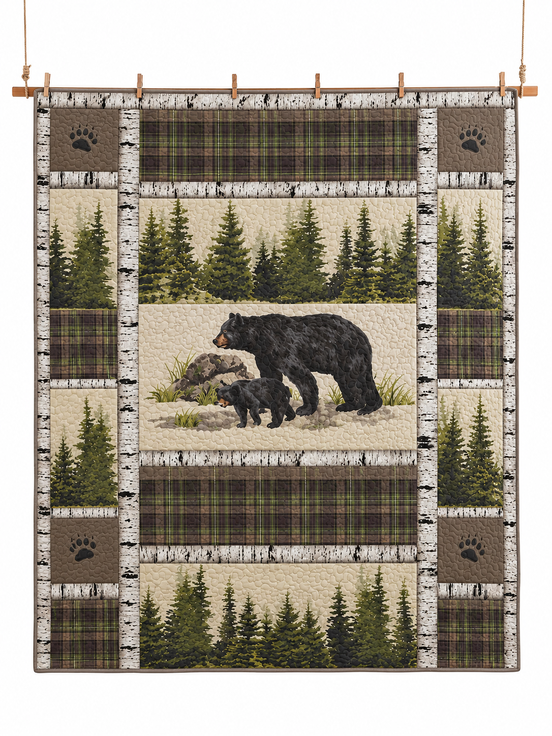Black Bear Pine Forest Patchwork Quilted 3-Piece Bedding Set