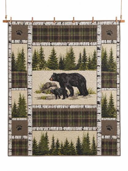 Black Bear Pine Forest Patchwork Quilted 3-Piece Bedding Set