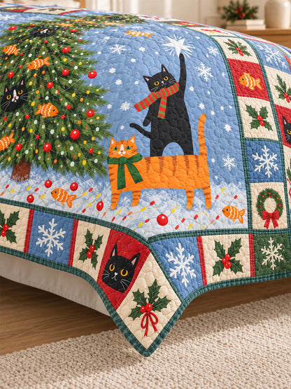 Christmas Tree Cats Quilted 3-Piece Bedding Set