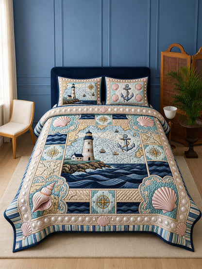 H.PAI Coastal Lighthouse Quilted 3-Piece Bedding Set