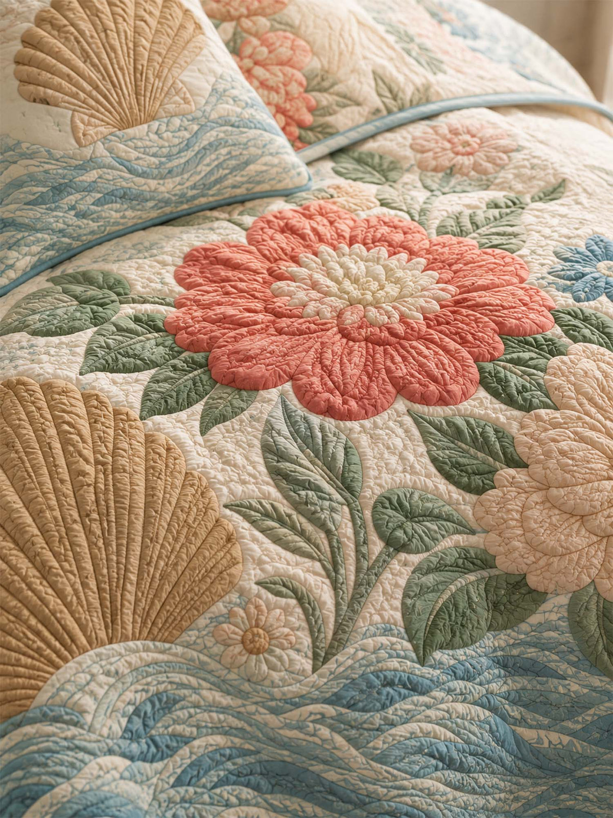 H.PAI Coastal Floral Quilted 3-Piece Bedding Set