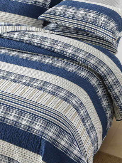 Blue Grey Buffalo Check Patchwork Quilted 3‑Piece Bedding Set