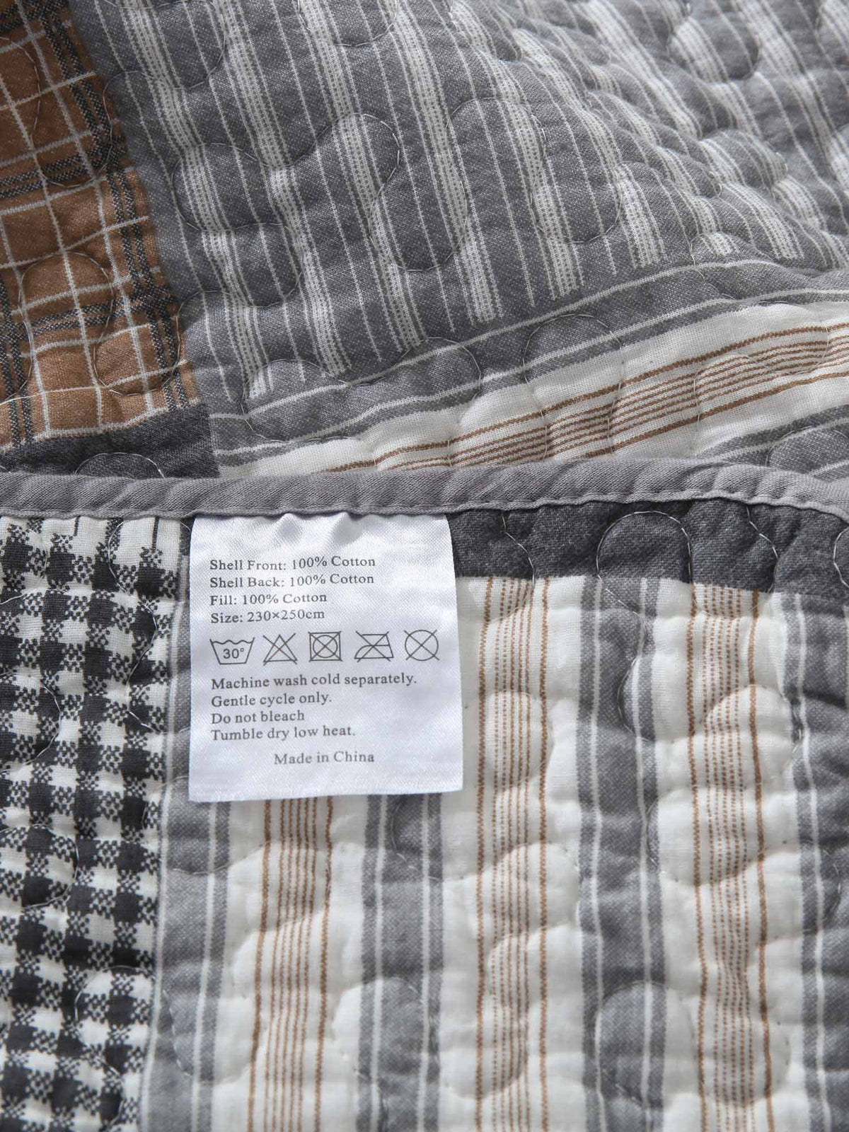 Grey Brown Plaid Patchwork Quilted 3‑Piece Bedding Set