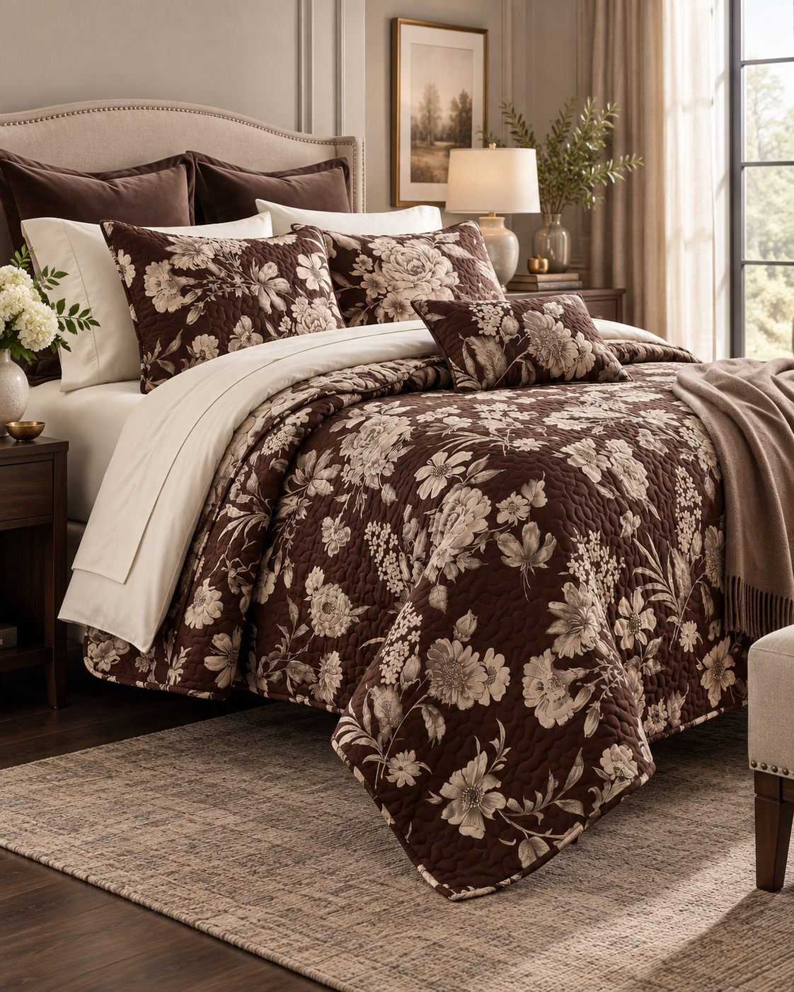 Mocha Vintage Floral Quilted 3-Piece Bedding Set