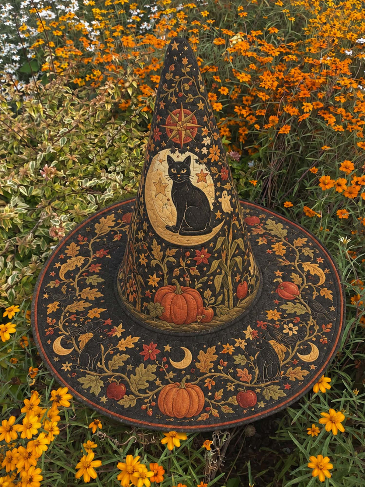 H.PAI Black Cat Autumn Garden Handcrafted Quilted Witch Hat