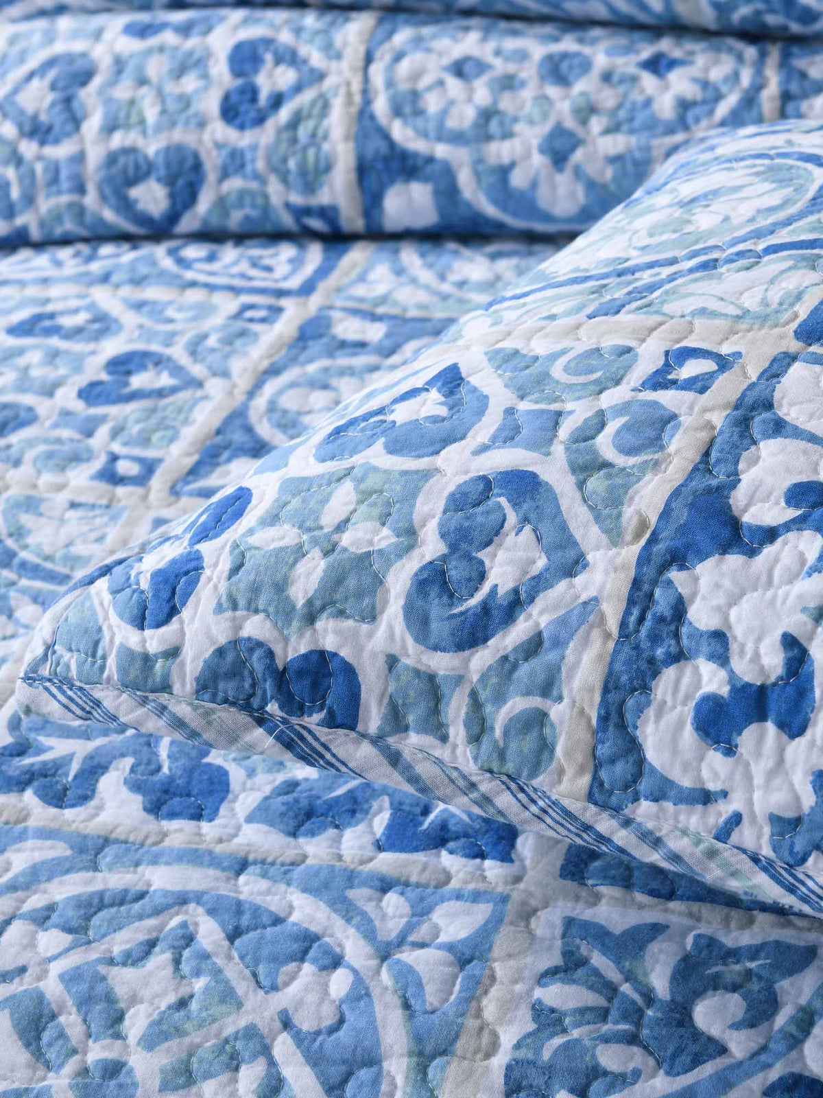 Coastal Boho Blue Portuguese Tile Print Quilted 3‑Piece Bedding Set